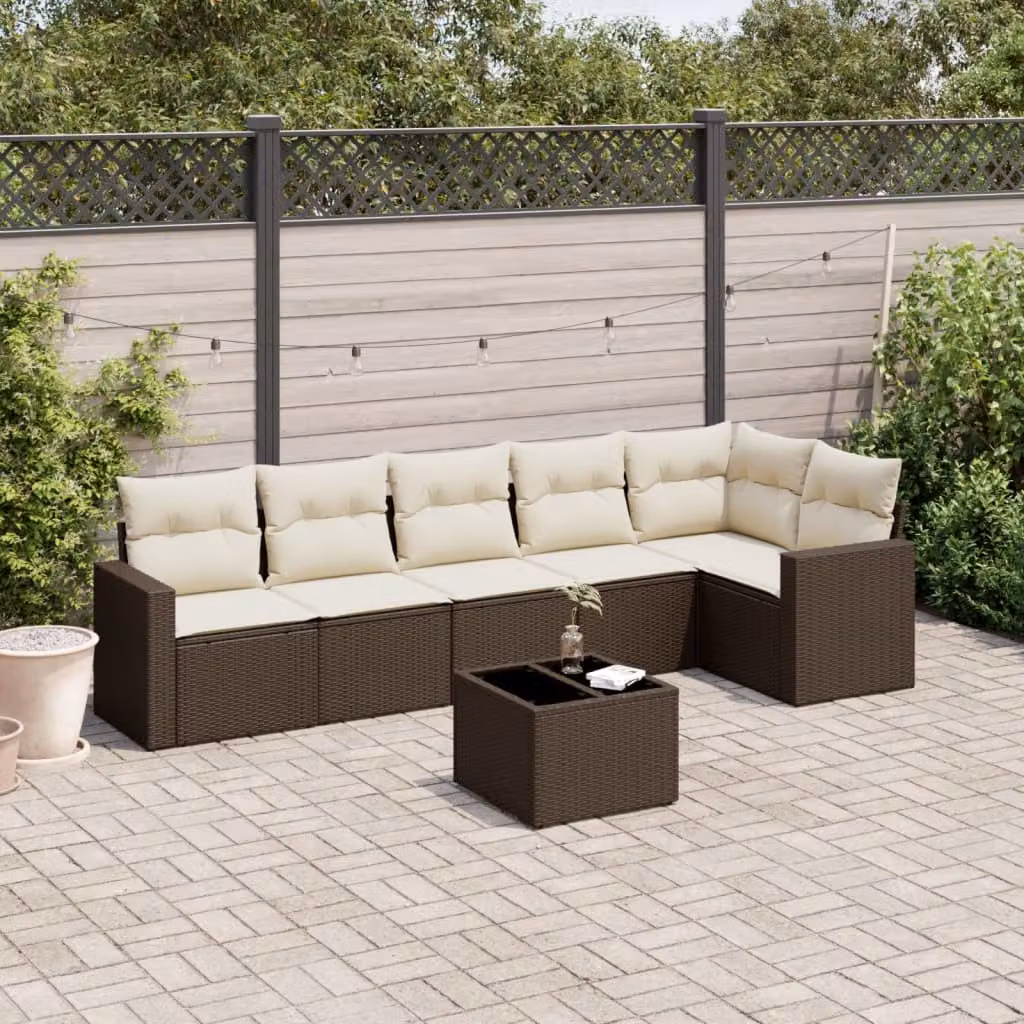 Set di divani da giardino vidaXL 7 pezzi in polyrattan marrone con cuscini e tavolino da esterno a forma di L – 1