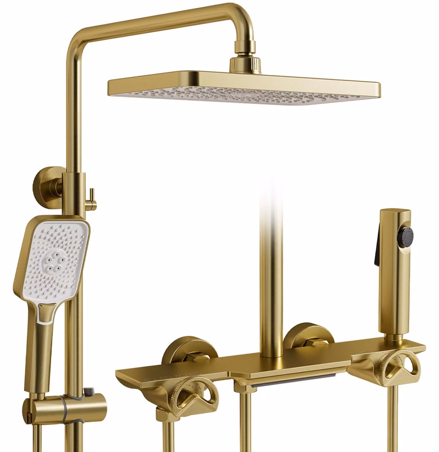 Sistema doccia 4-in-1, finitura oro spazzolato, soffione a pioggia 300x180 mm