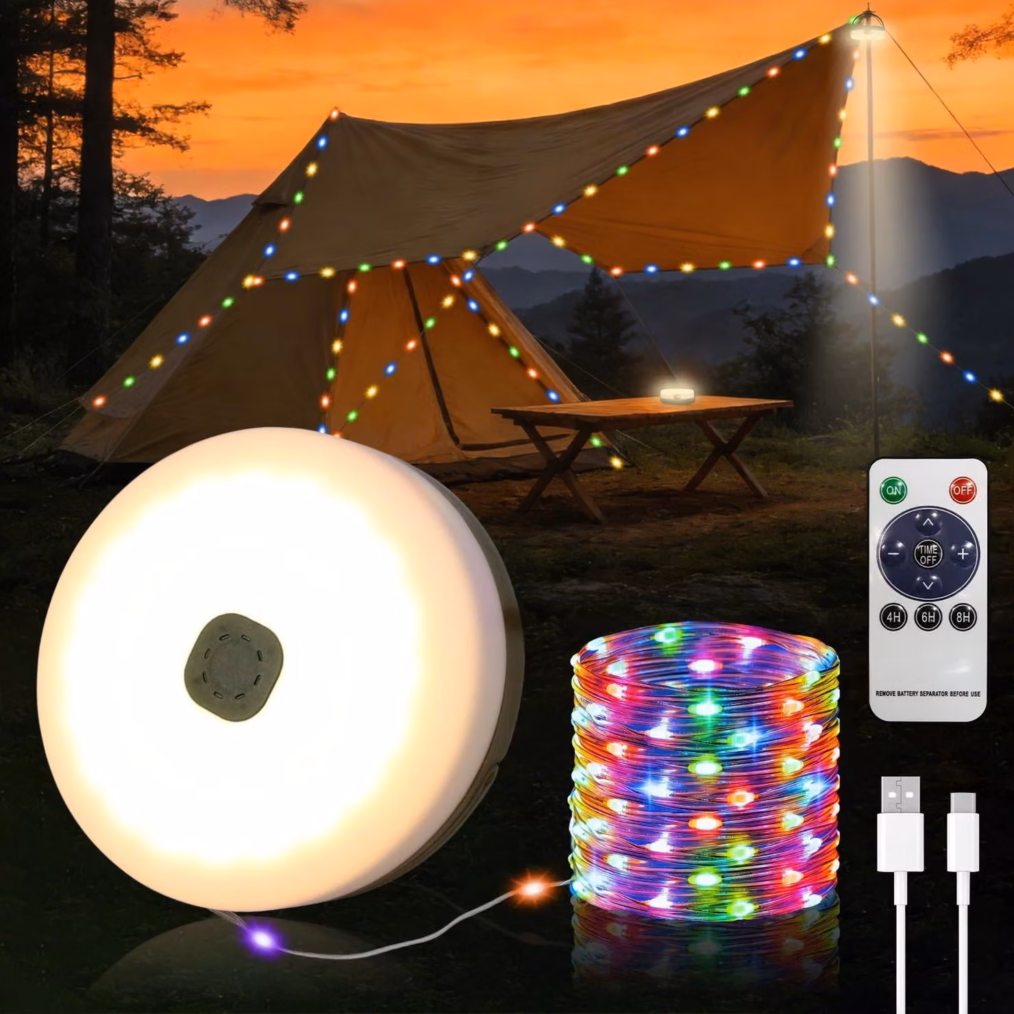 Catena luminosa da campeggio, 10 metri, alimentazione solare e USB, batteria da 3600 mAh, arrotolabile