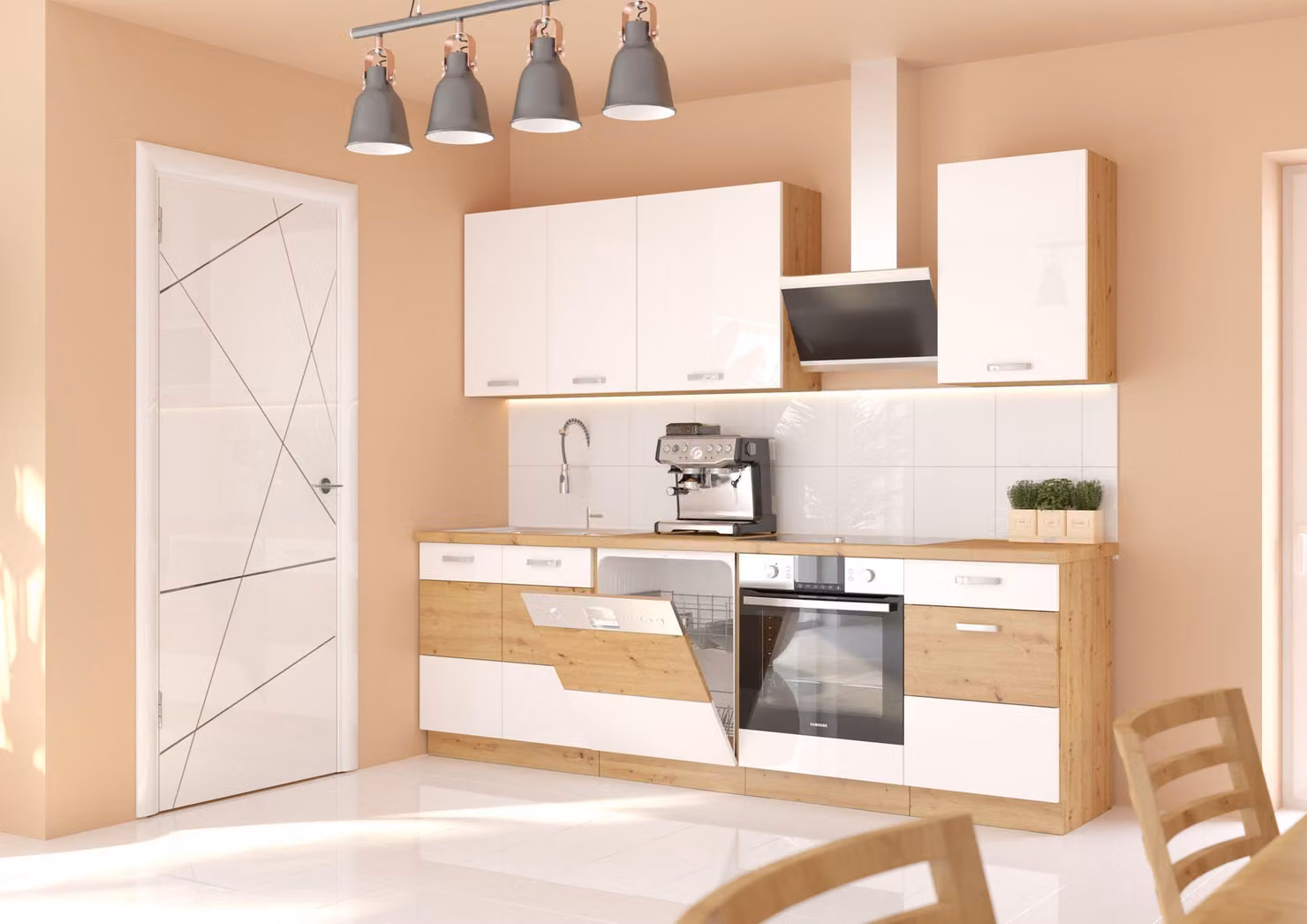 Cucina in rovere Artisan Bianco, 250 cm, linea cucina, blocco cucina lucido, cucina componibile