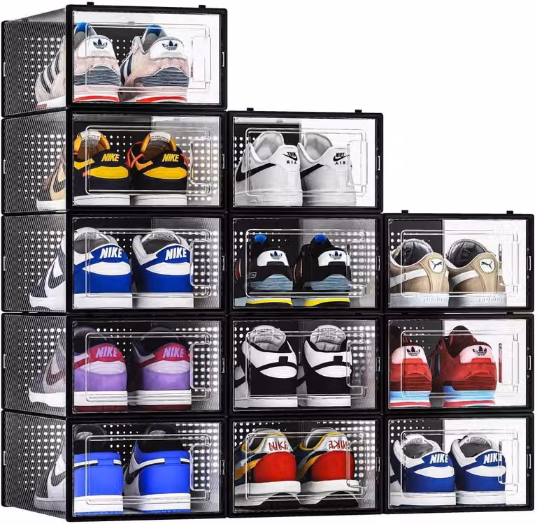 Scatole per scarpe, 12 pezzi, trasparenti, impilabili, adatte per armadi, in plastica