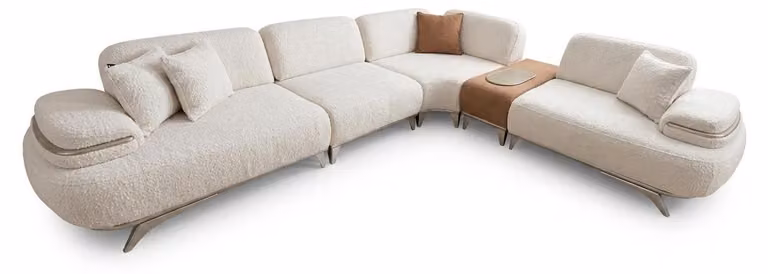 Divano angolare a forma di L, moderno, bianco, in tessuto bouclé, design divano modulare