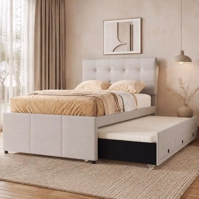 Letto imbottito ULEVR 90x200 cm con letto estraibile 90x190 cm, 3 cassetti e testiera regolabile, beige