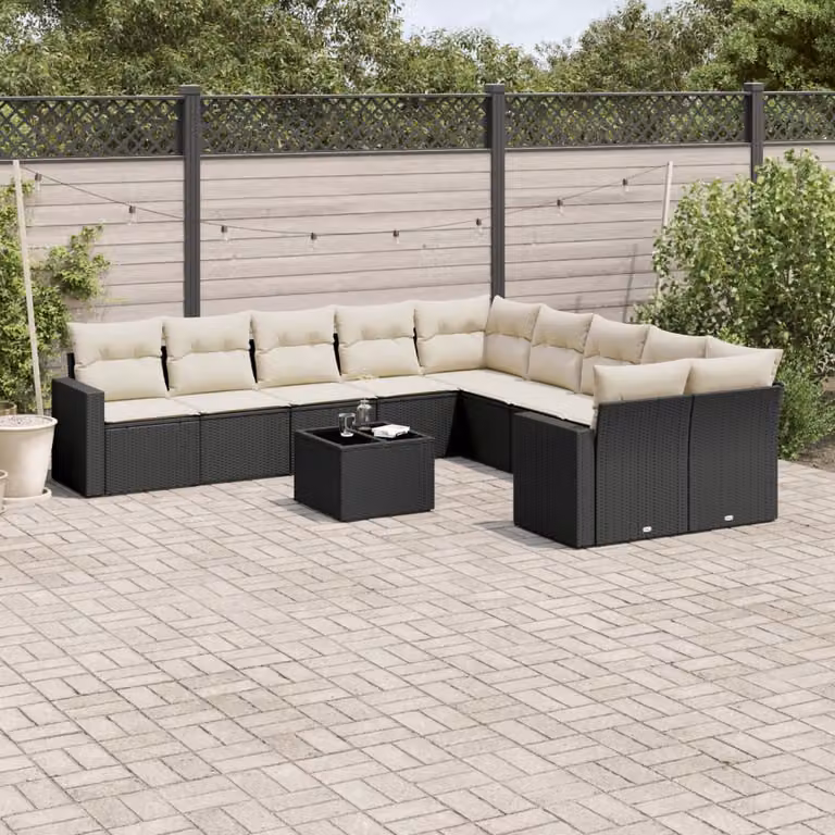 vidaXL Set Divani da Giardino 11 pz in Polyrattan Nero con Cuscini e Tavolino da Esterno a Forma di U