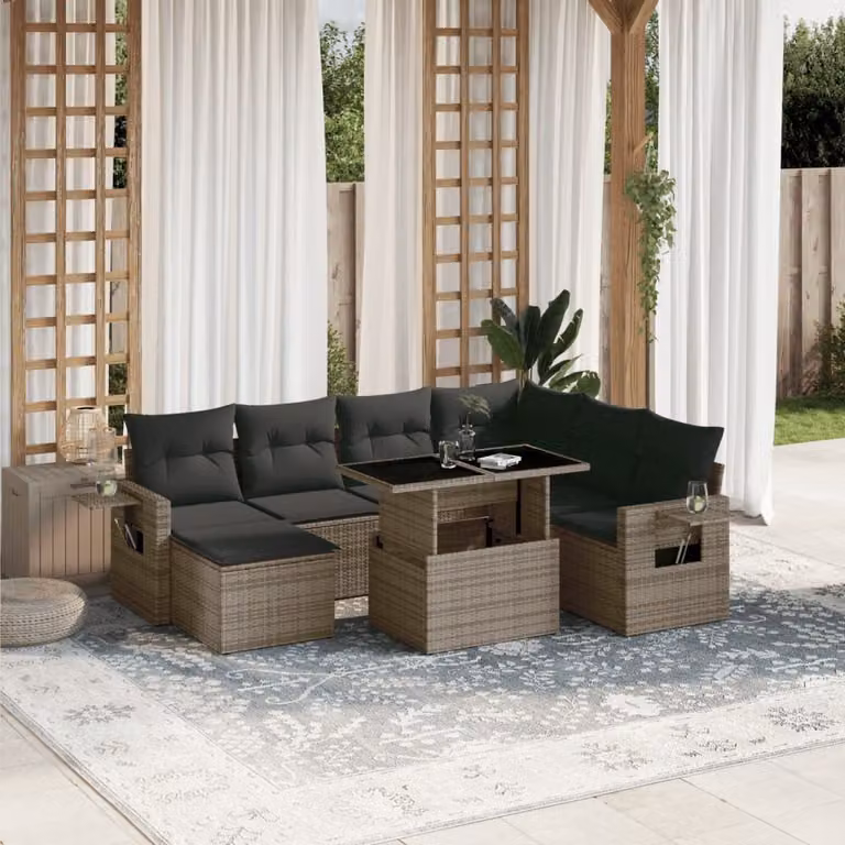 vidaXL Set Divano da Giardino 8 pz a Forma di L in Polyrattan Grigio con Cuscini Imbottiti e Tavolino