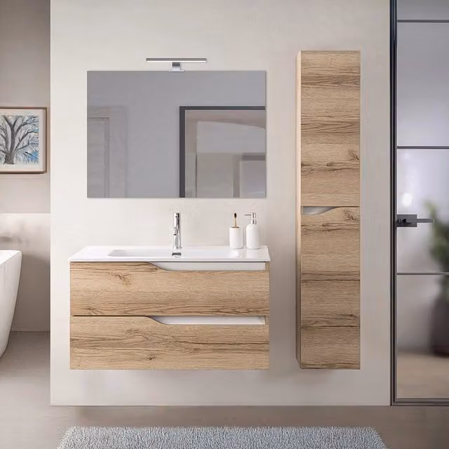 Mobile bagno sospeso Sumya moderno in rovere e bianco con lavabo e pensile, L: 100 cm