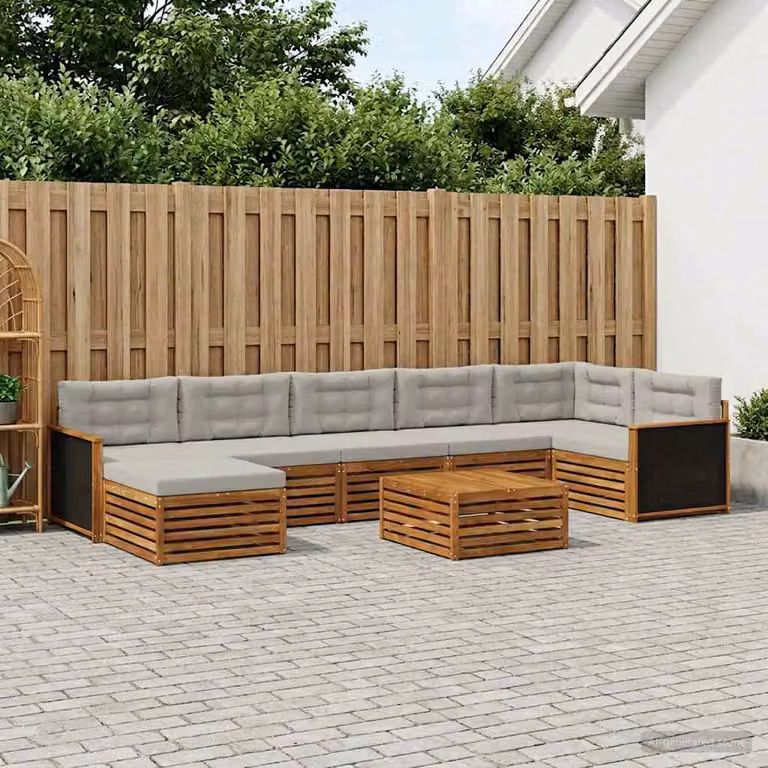 Set di divani da esterno vidaXL 8 pz in legno di acacia con cuscini, colore naturale e grigio chiaro