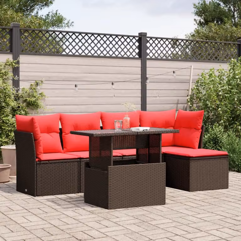 Set da giardino vidaXL in polyrattan marrone composto da 6 pezzi con cuscini imbottiti e tavolino
