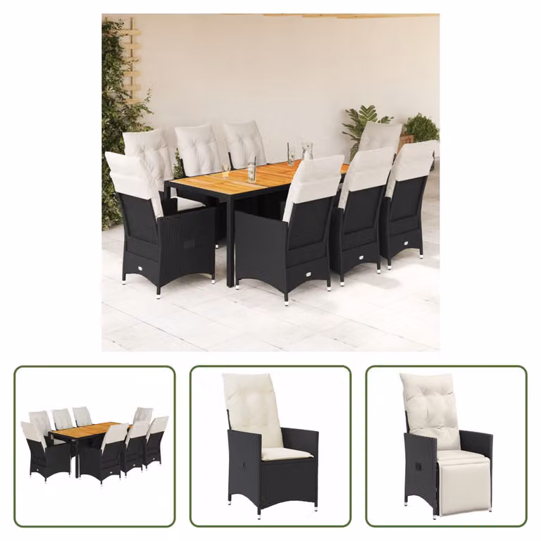 The Living Store Set da pranzo da giardino 9 pezzi con cuscini in polirattan nero