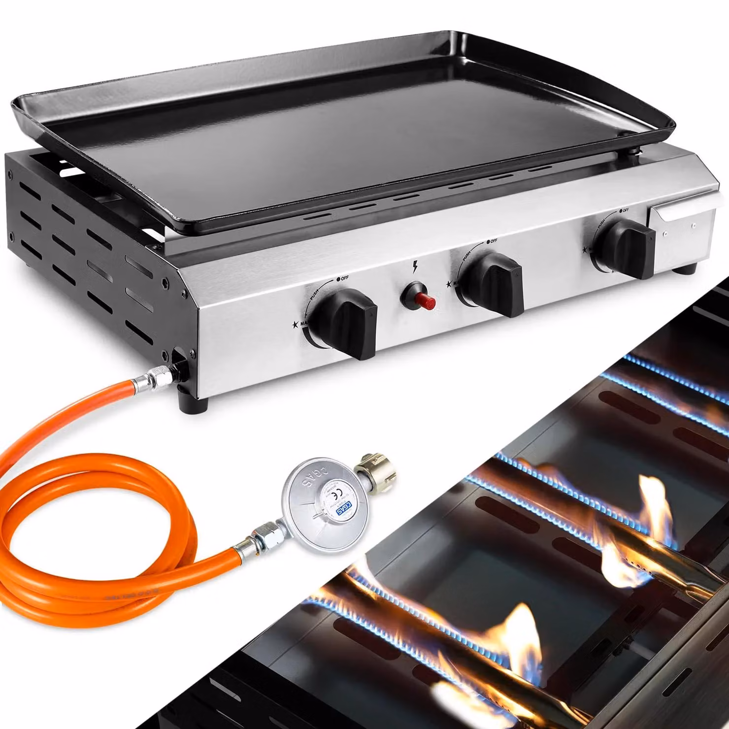 Griglia a gas portatile da tavolo - Griglia a gas con 3 bruciatori - Metano - Acciaio inossidabile - Ideale per campeggio e picnic - Facile da pulire