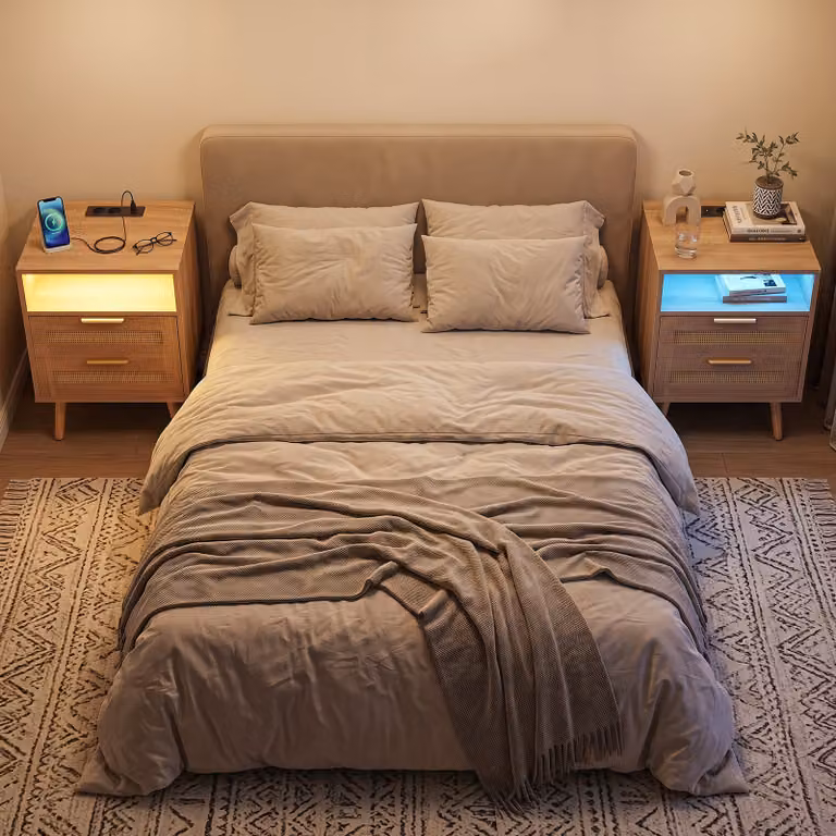 Comodino moderno Costway in legno e rattan con illuminazione integrata, 2 cassetti e scomparto salvaspazio, colore marrone e beige
