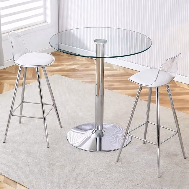 Tavolo rotondo in vetro trasparente con 2 sgabelli alti, base in metallo, stile moderno, per cucina, bar e uffici, 89 cm
