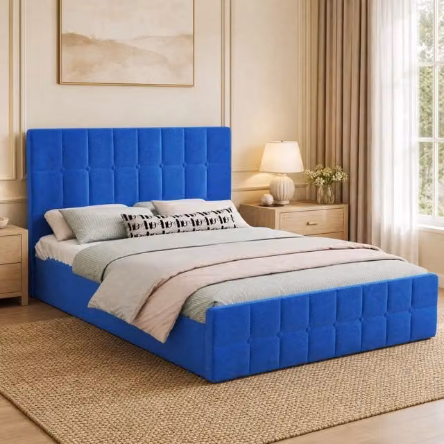 Letto imbottito 140x200 cm in velluto blu con testiera capitonné