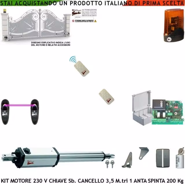 Kit Automazione Cancello Elettrico da 3,5 Metri 1 Anta Motore Elettromeccanico 230 V Spinta 250 Kg Centrale 2 Radiocomandi 1 Coppia Fotocellule Faro Led Stelo Retrattile Sblocco a Chiave Cartello