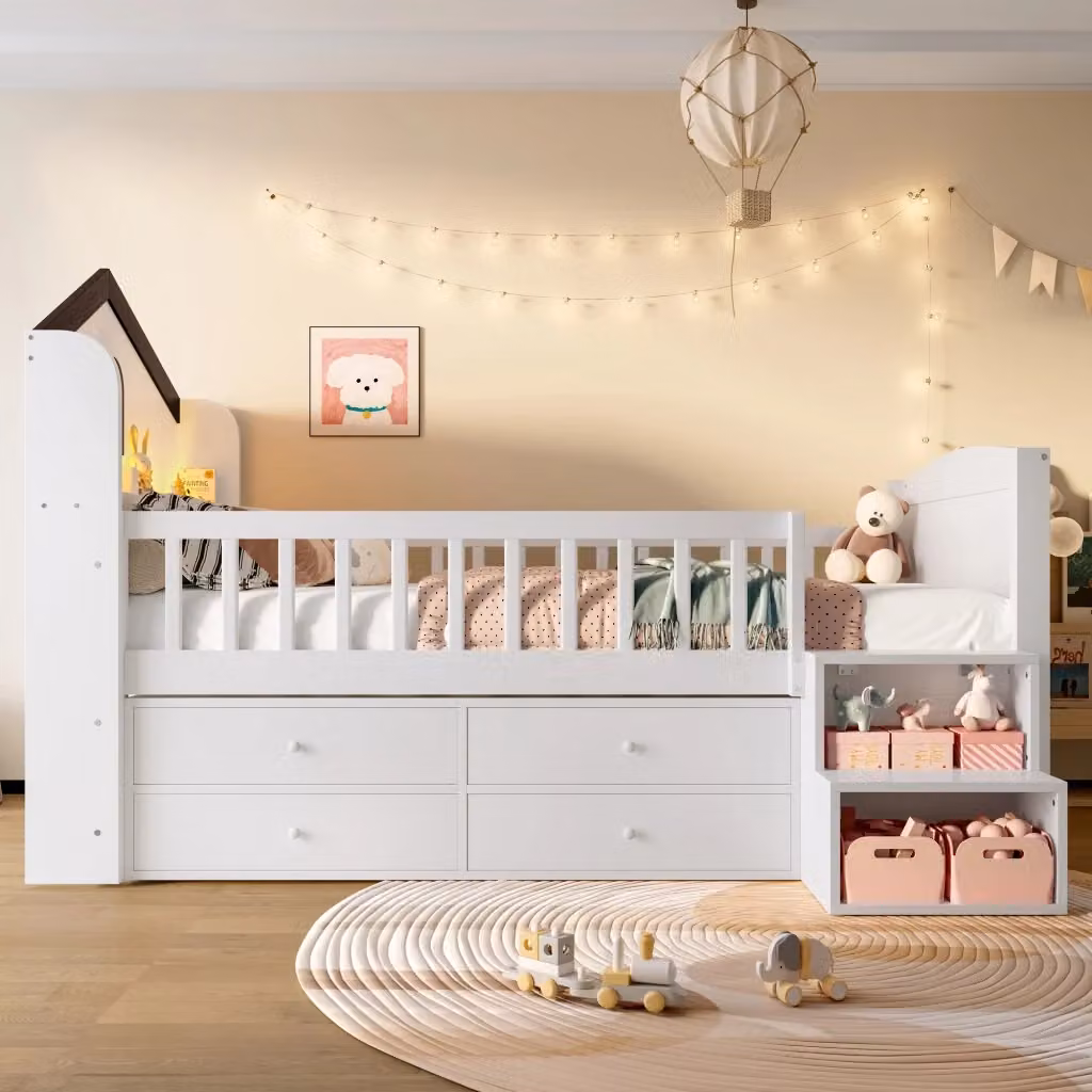 Letto semialto per bambini REDOM a forma di casa con LED, 4 cassetti e scala, colore bianco, L/P/H: 200 x 90 x 124,5 cm – 2