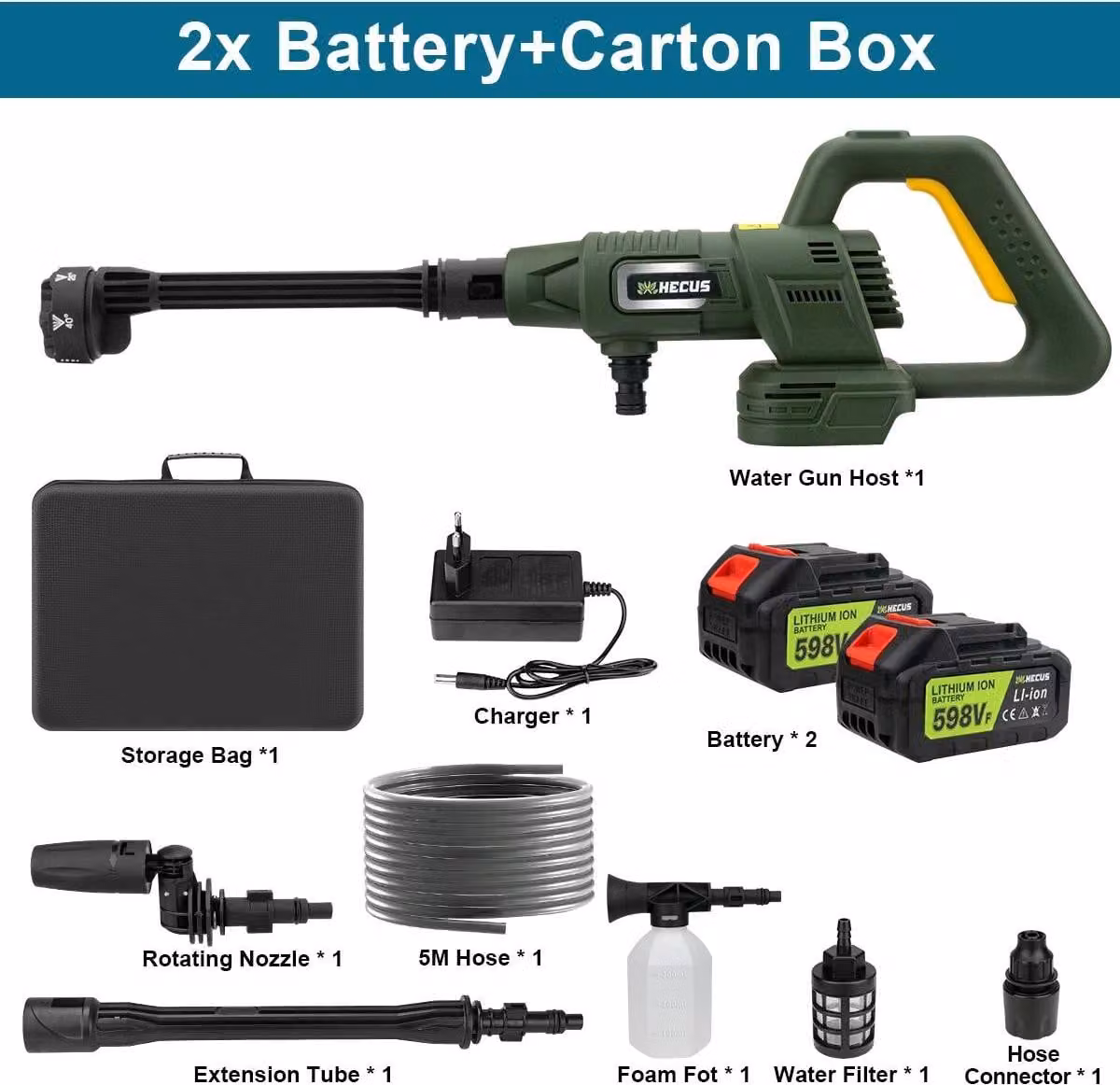 Idropulitrice a batteria - Pistola manuale - 200 bar - Motore brushless - 3 livelli - Batteria da 18 V - 2 batterie incluse - Oro
