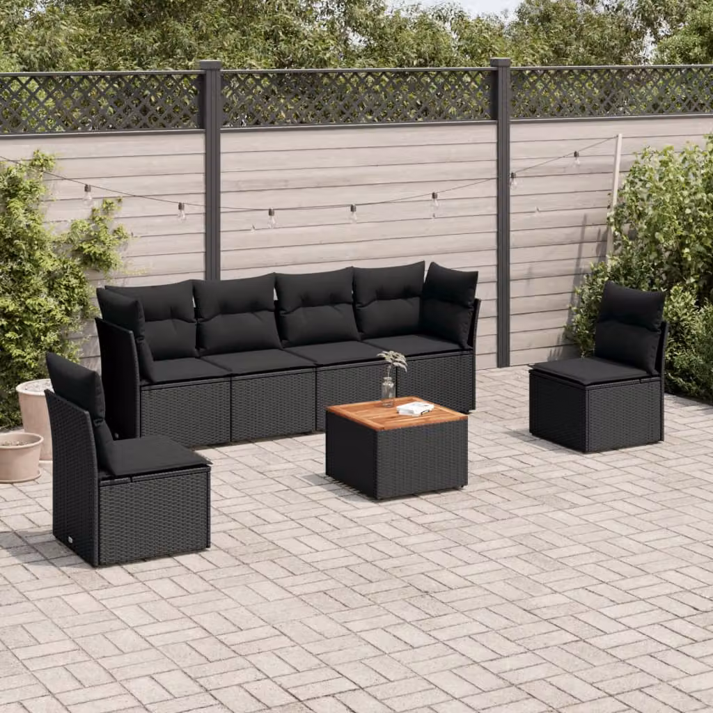 Set Divano da Giardino a L vidaXL in Polyrattan Nero con 7 Cuscini e Tavolino da Esterno – 1