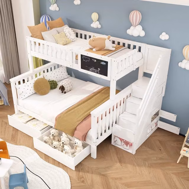 Letto a castello per bambini 90 x 200 + 140 x 200 cm con lavagna e cassetti, senza materasso - Bianco [OLD SKU:N634W0007W]