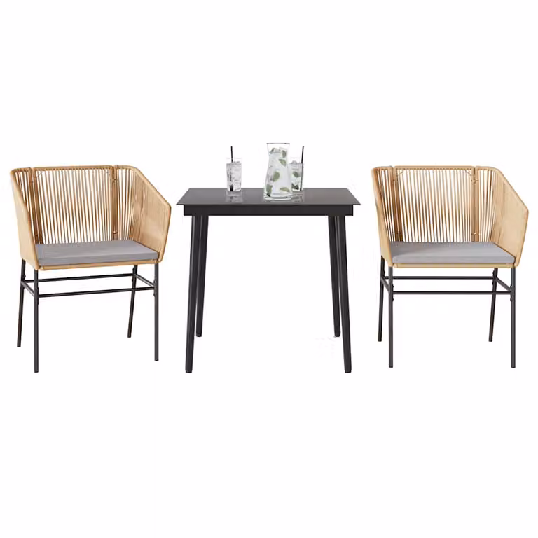 Set da Pranzo da Giardino vidaXL in Polyrattan con Tavolo in Vetro e Cuscini, 3 Pezzi