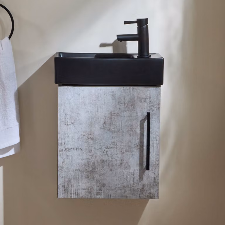 Mobile Bagno Grigio Cemento Sospeso da 400mm con Lavabo Nero e Maniglia con Barra a T Nera - Cluo
