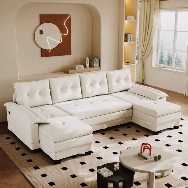 Divano letto modulare a U 278x127x87 cm con porte USB; cuscini rimovibili in ciniglia beige