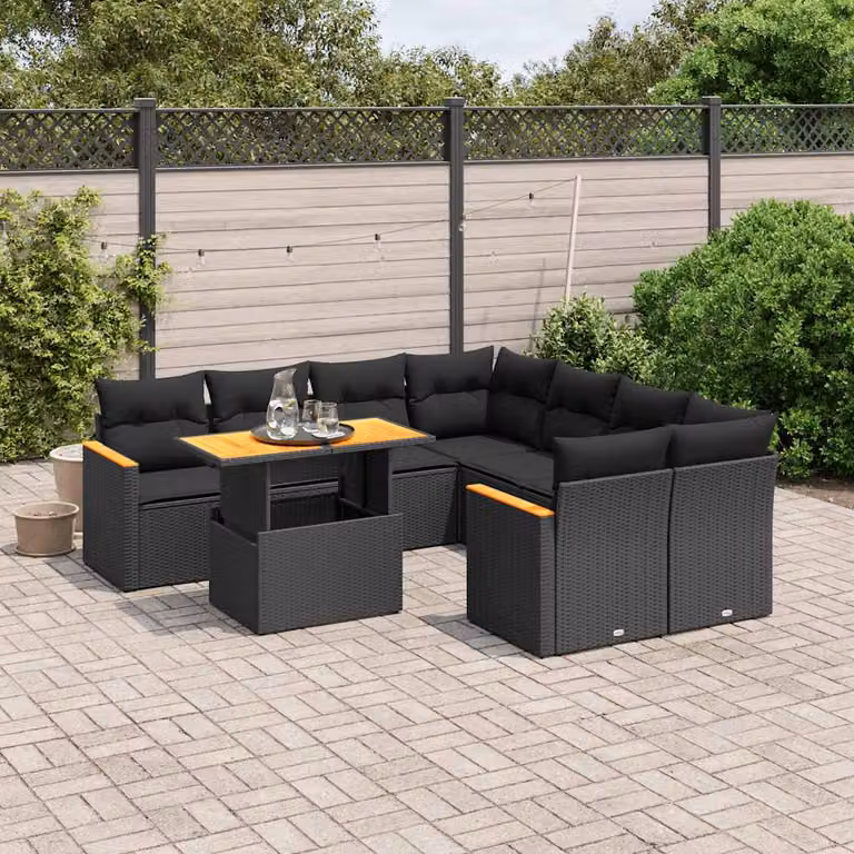 Set di divani da giardino vidaXL a forma di L composto da 9 pezzi in polyrattan nero con cuscini inclusi e tavolino da esterno