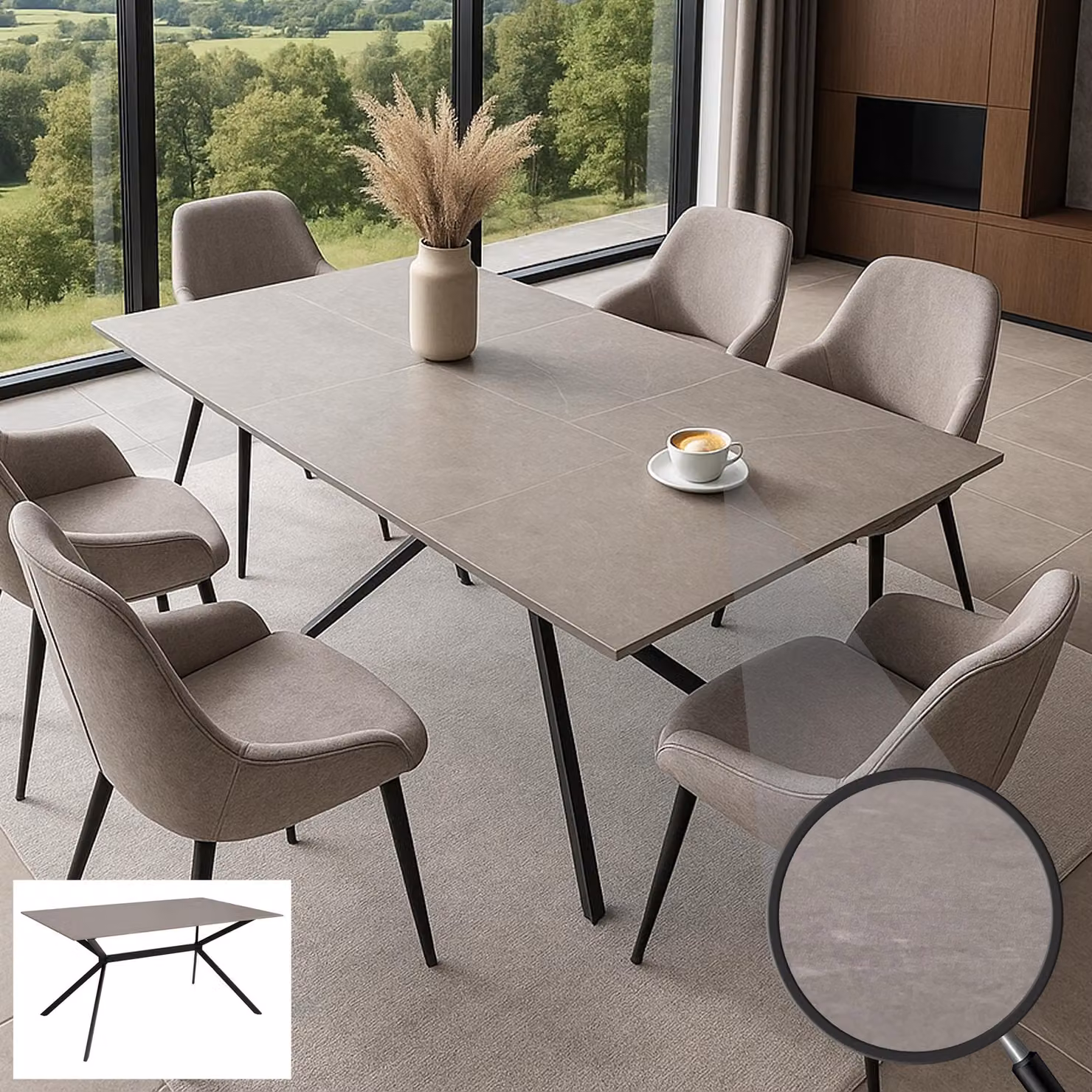 Tavolo da pranzo HWC-O58, tavolo da pranzo in pietra sinterizzata e metallo, effetto marmo, 160 cm ~ grigio