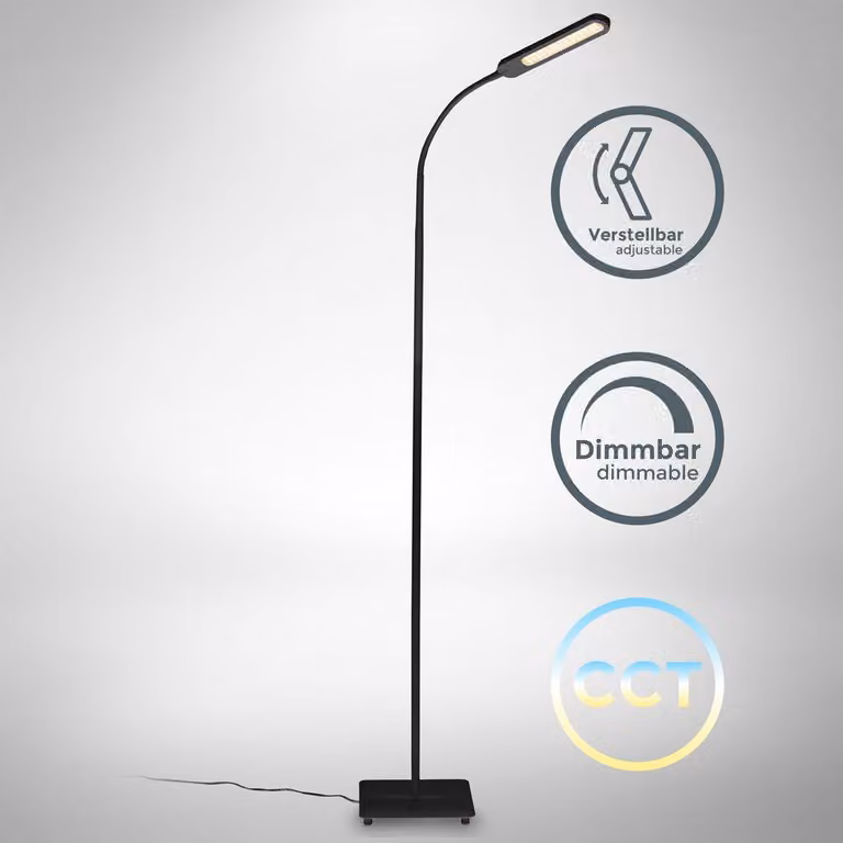 B.K.Licht Lampada da terra LED, piantana dimmerabile su 4 livelli, luce calda, neutra o fredda, altezza d?uso 1,35m, LED integrati 6,5W, 600Lm, orientabile, lampada a stelo touch moderna, nera IP20
