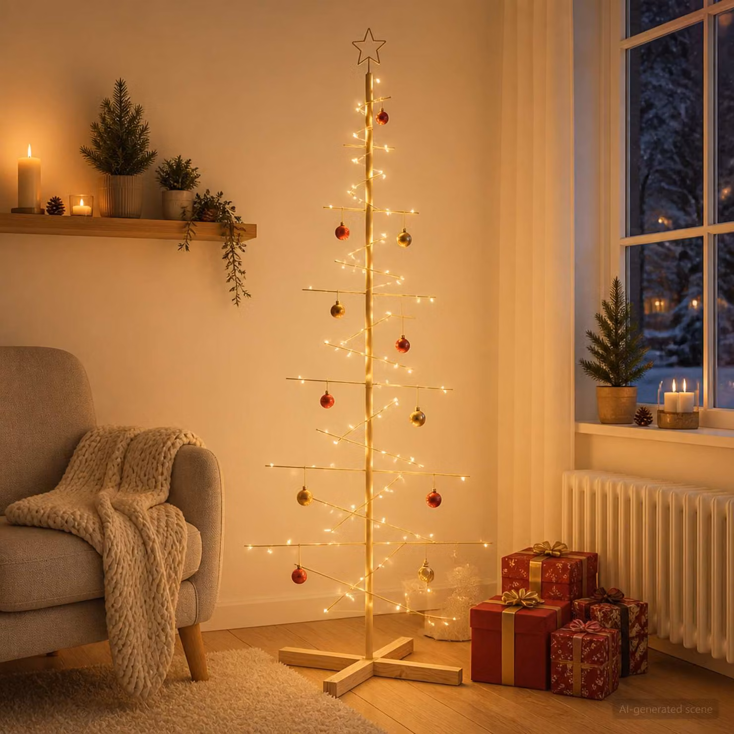 Albero di Natale moderno vidaXL KUOPIO in metallo e legno, colore oro, Altezza: 180 cm