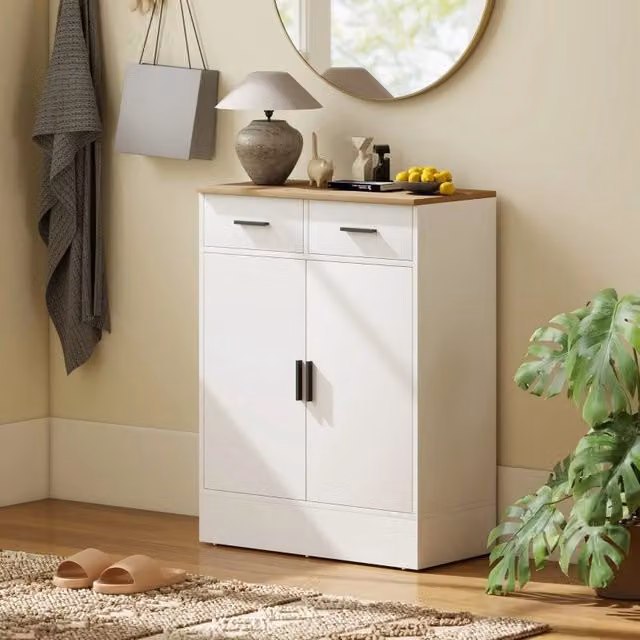 Credenza OKWISH in legno bianca con 2 cassetti e ripiano regolabile per cucina, soggiorno o corridoio, L: 68,6 cm, P: 35 cm, H: 90,3 cm