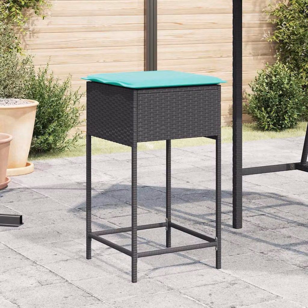 Set di 2 sgabelli da giardino vidaXL in polyrattan nero con cuscini turchesi e coperture rimovibili