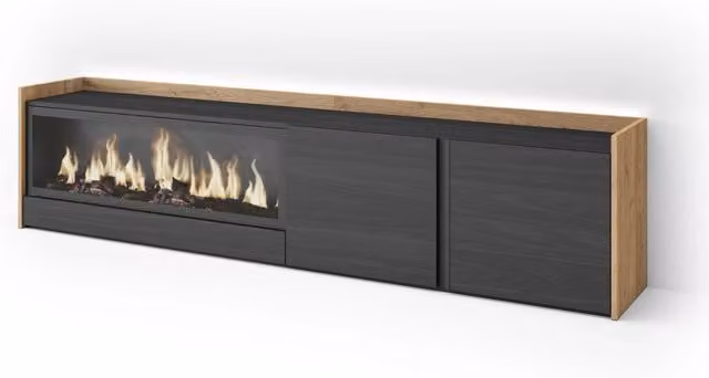Mobile TV Soggiorno, 212x50x35 cm, Per TV fino a 80", Camino elettrico XXL, LED, Nero e rovere