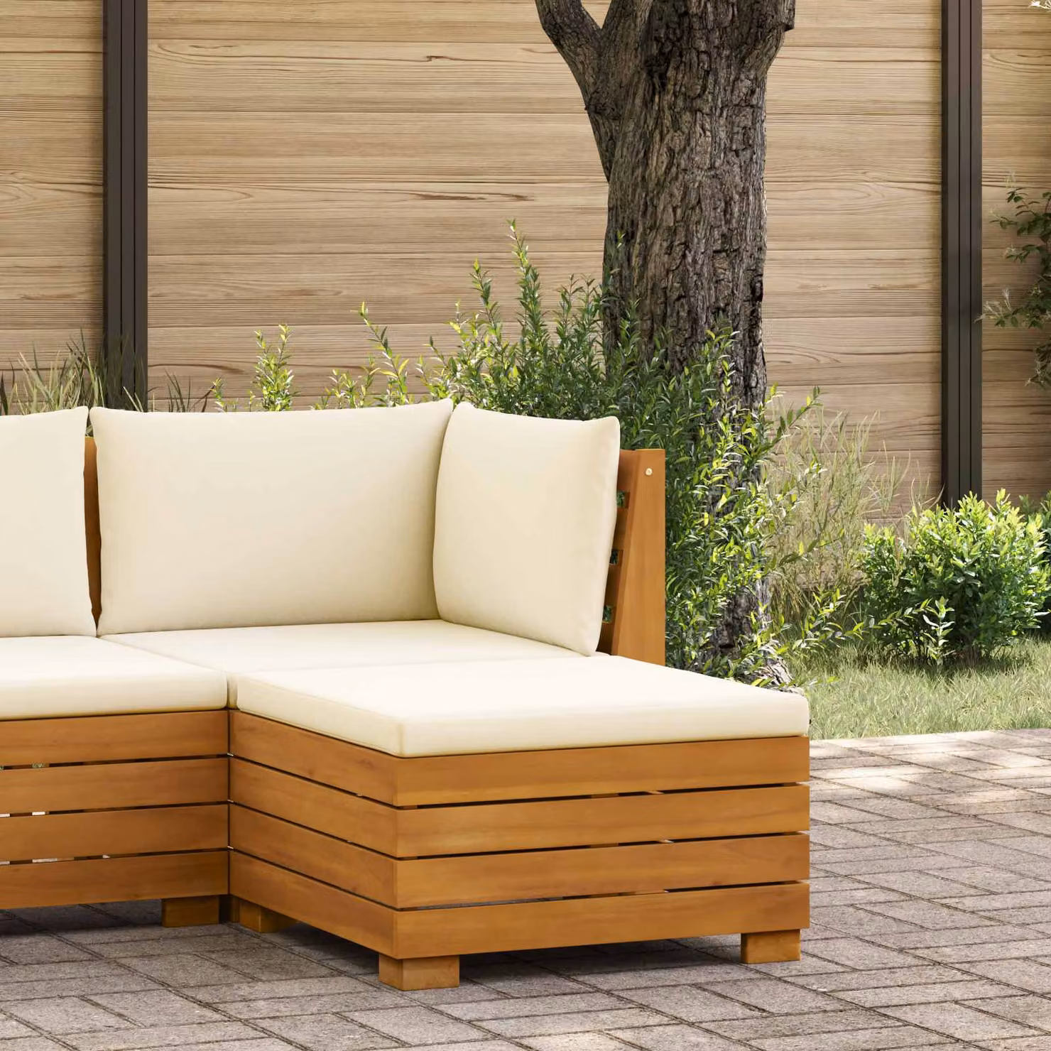 vidaXL Poggiapiedi da Giardino in Legno di Acacia Marrone con Cuscino Beige L: 60 cm, P: 30 cm, H: 30 cm