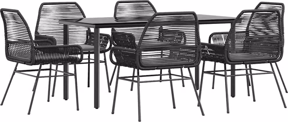 Set Pranzo da Giardino 7 pz Nero con Cuscini Polyrattan Vetro