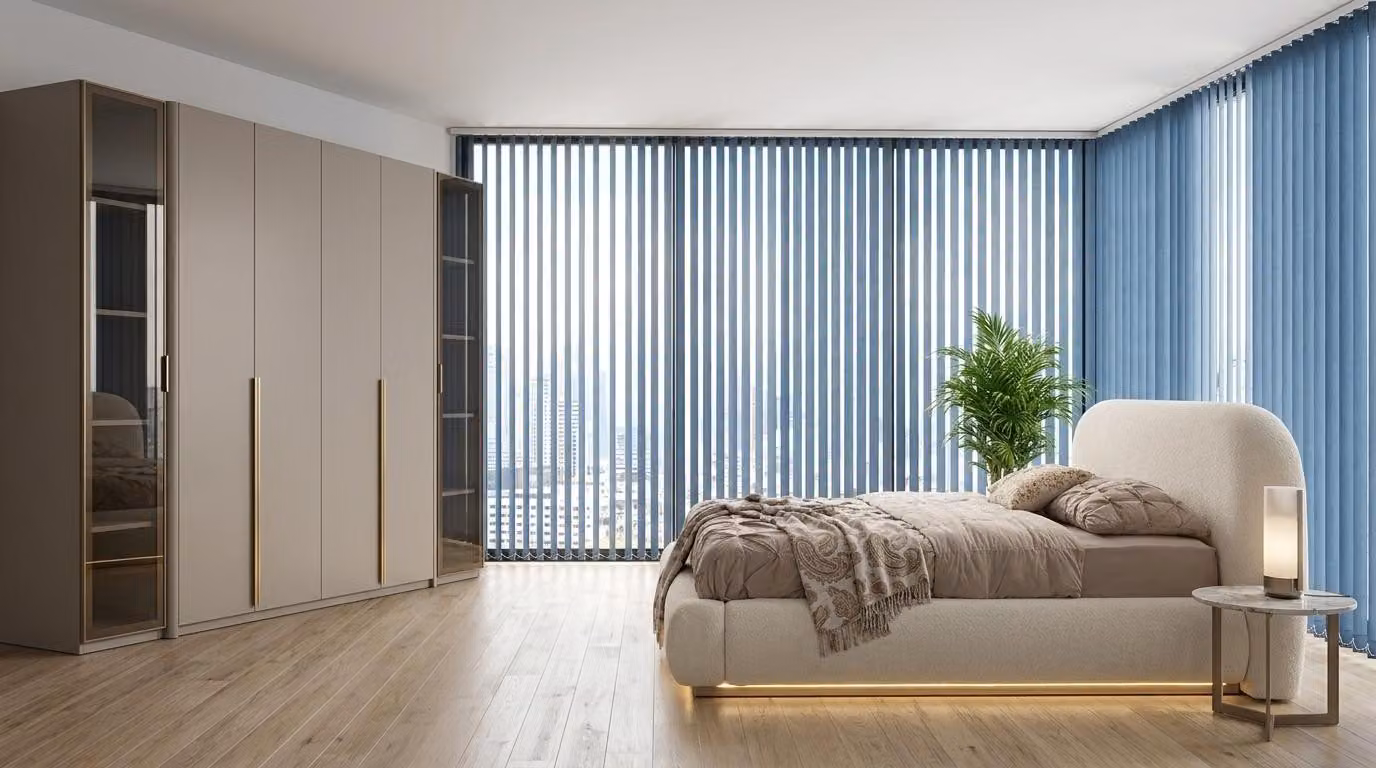 Set per camera da letto: letto, armadio. Stile moderno, beige, funzionale, semplice, luminoso