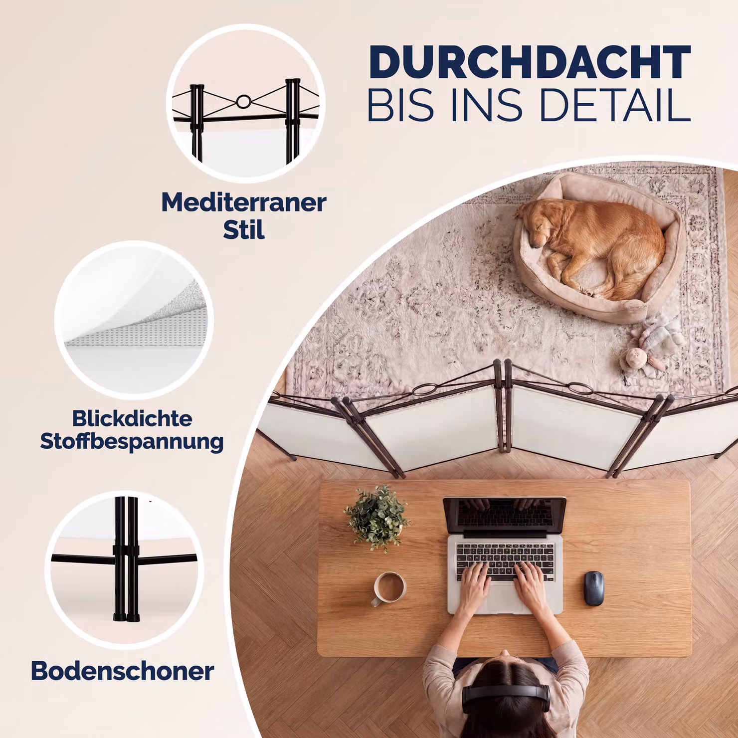 Paravento Casaria® colore crema L: 180 cm, H: 163 cm – 4