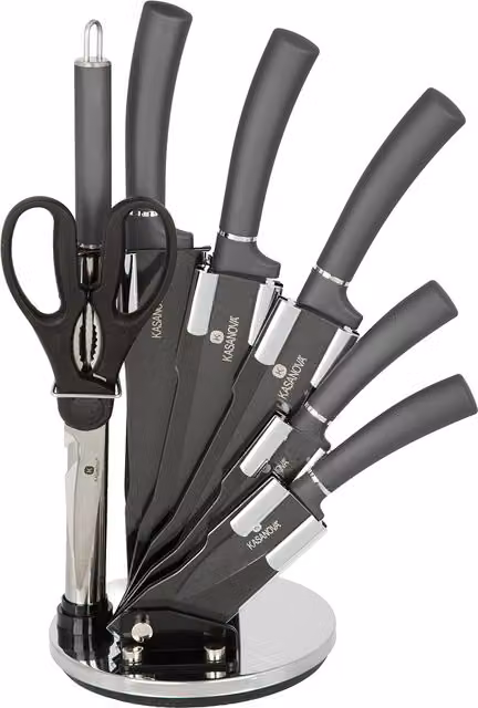 Set di 5 coltelli in acciaio inox grigi con forbici da cucina, affilacoltelli e supporto Kasanova – 1