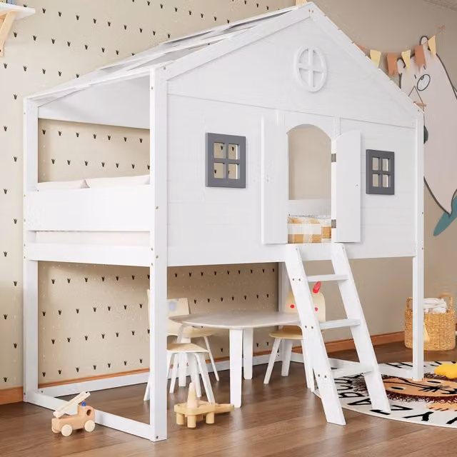 Letto a soppalco per bambini 90x200 cm con scala; protezione anticaduta e finestre grigie; bianco