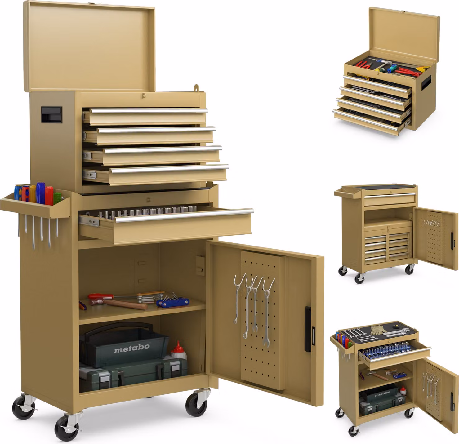 COSTWAY Carrello da officina 2in1 con valigetta, 8 scomparti, ganci e ripiano regolabile, carrello portautensili con serratura, arrotolabile fino a 100 kg senza attrezzi 59x28x102 cm