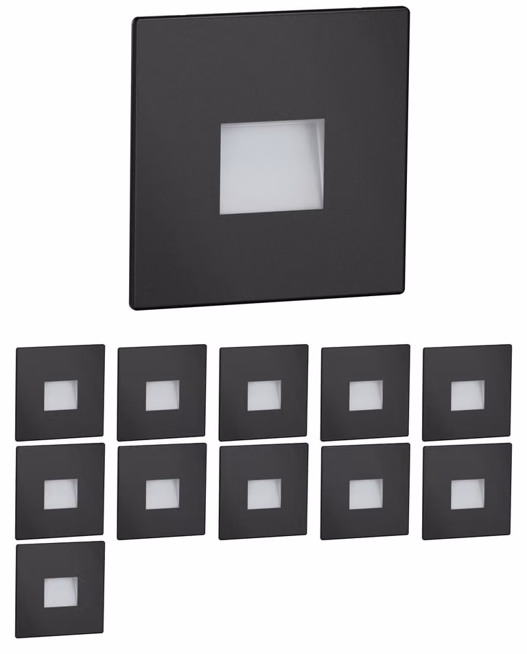 ledscom.de, 12 luci LED per scale/applique da incasso per interni ed esterni, faretti a soffitto, quadrati, neri, 85 x 85 mm, luce calda