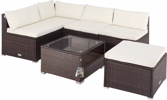 Set da salotto da giardino CASARIA in polyrattan beige e marrone, composto da 16 pezzi con divano a 3 posti, poltrone, elementi angolari, pouf e tavolino, con cuscini inclusi e struttura in acciaio verniciato a polvere – 1