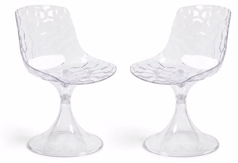 Set di 2 sedie in policarbonato trasparente con base centrale, design moderno, adatte per cucina, sala da pranzo, hotel e ristoranti – Klea/Trasparente
