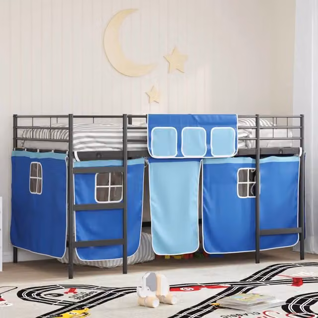 Letto Loft Singolo per Bambini DESIGN IN in Metallo con Scala e Tendine, Nero e Blu, H 205 x L 105 x P 196 cm – 1