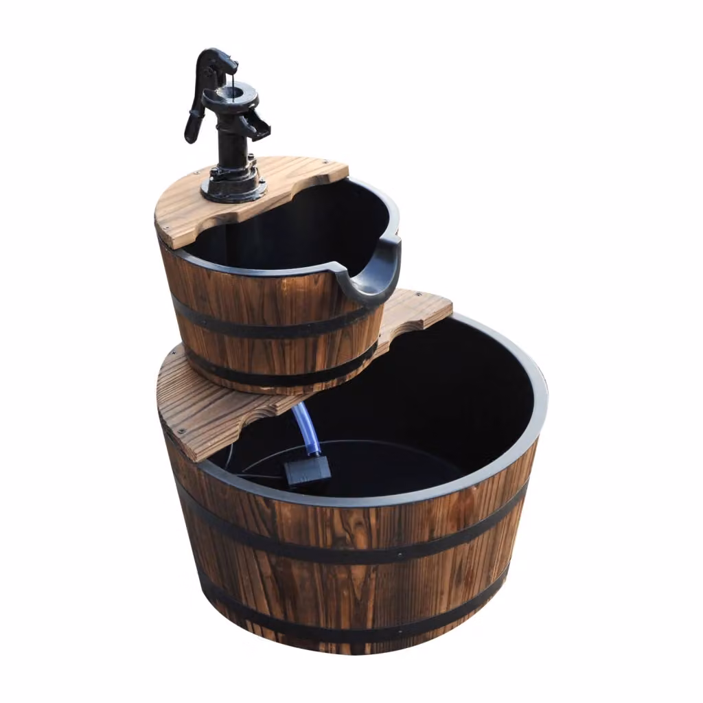 Fontana da Giardino a Cascata XYLO a 2 Livelli in Legno Naturale con Pompa Elettrica L/P/H: 44,5 x 44,5 x 58,5 cm – 2