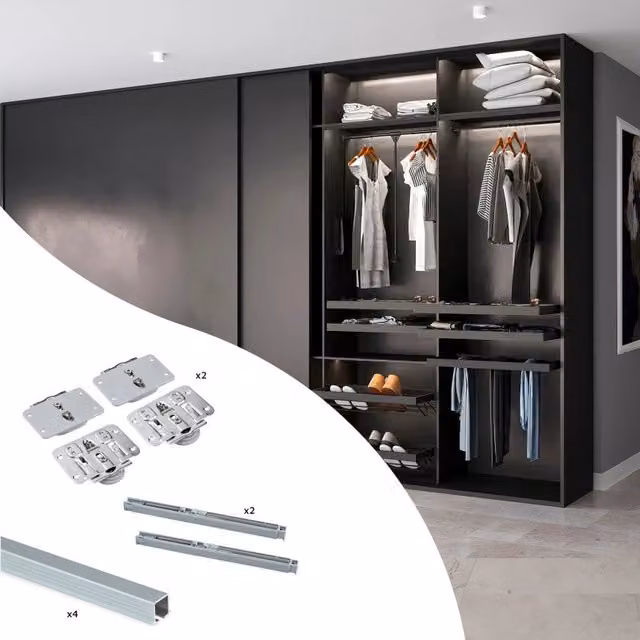 Kit ferramenta per armadio a 2 ante scorrevoli e pieghevoli con chiusura soft Twofold EMUCA, colore argento, in acciaio, alluminio e plastica per 4 pannelli non inclusi