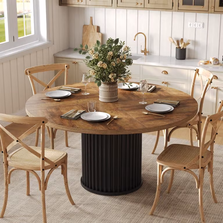 LITTLE TREE, tavolo da pranzo rotondo da 120 cm per 4-6 persone, ampio tavolo da pranzo marrone-nero, in stile industriale con base a colonna scanalata altamente resistente