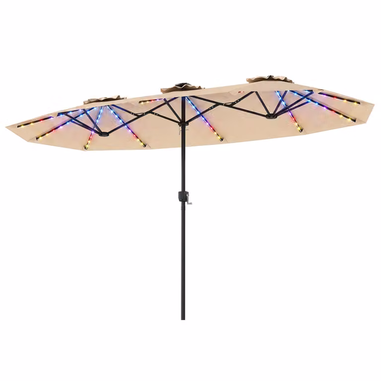 Ombrellone doppio da giardino Costway con luci regolabili e manovella, protezione solare beige