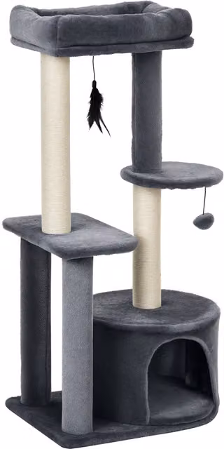 Albero Tiragraffi per Gatti PawHut Aosom con Cuccia, Colonna in Sisal e Giocattoli Integrati, Grigio e Bianco, Altezza: 147 cm – 1