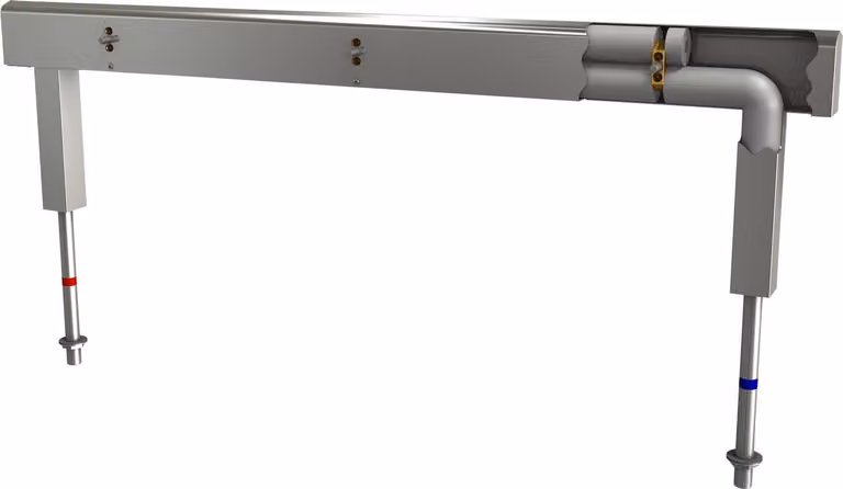 Miscelatore KWC AR, acciaio inox, a due file, 12 lavabi, 4200 mm, alimentazione e scarico.