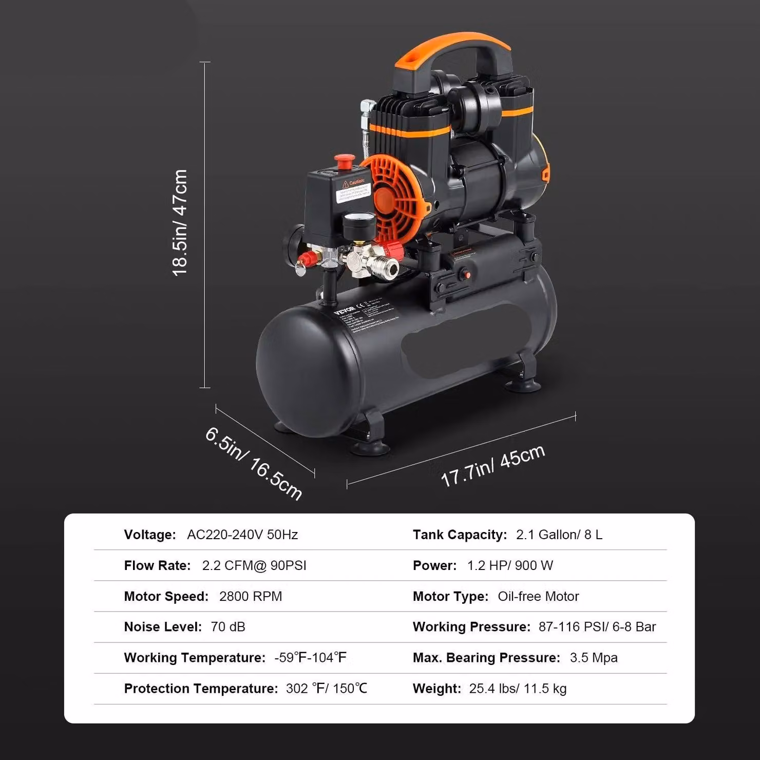 Compressore d'aria silenzioso e senza olio - Compressore d'aria - Compressore d'aria per pneumatici - Basso livello di rumore (70 dB) - Capacità di 2,1 galloni